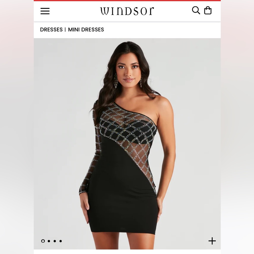 NWT Windsor Arianna Rhinestone Glitter One-Shoulder Sheer Mesh Mini Dress